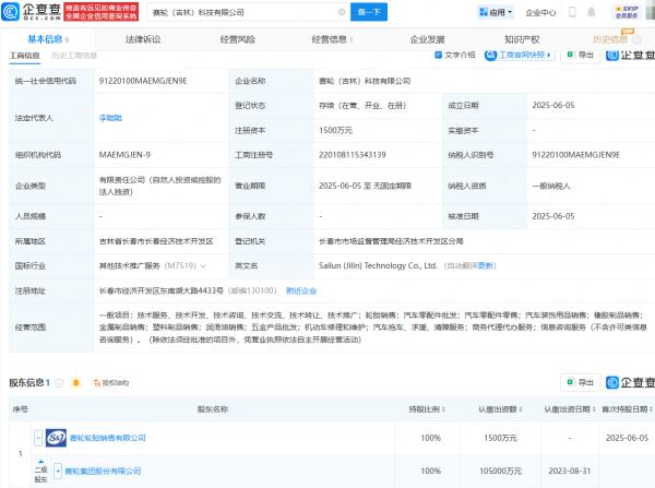 贵盈配资  赛轮轮胎在吉林投资成立科技公司
